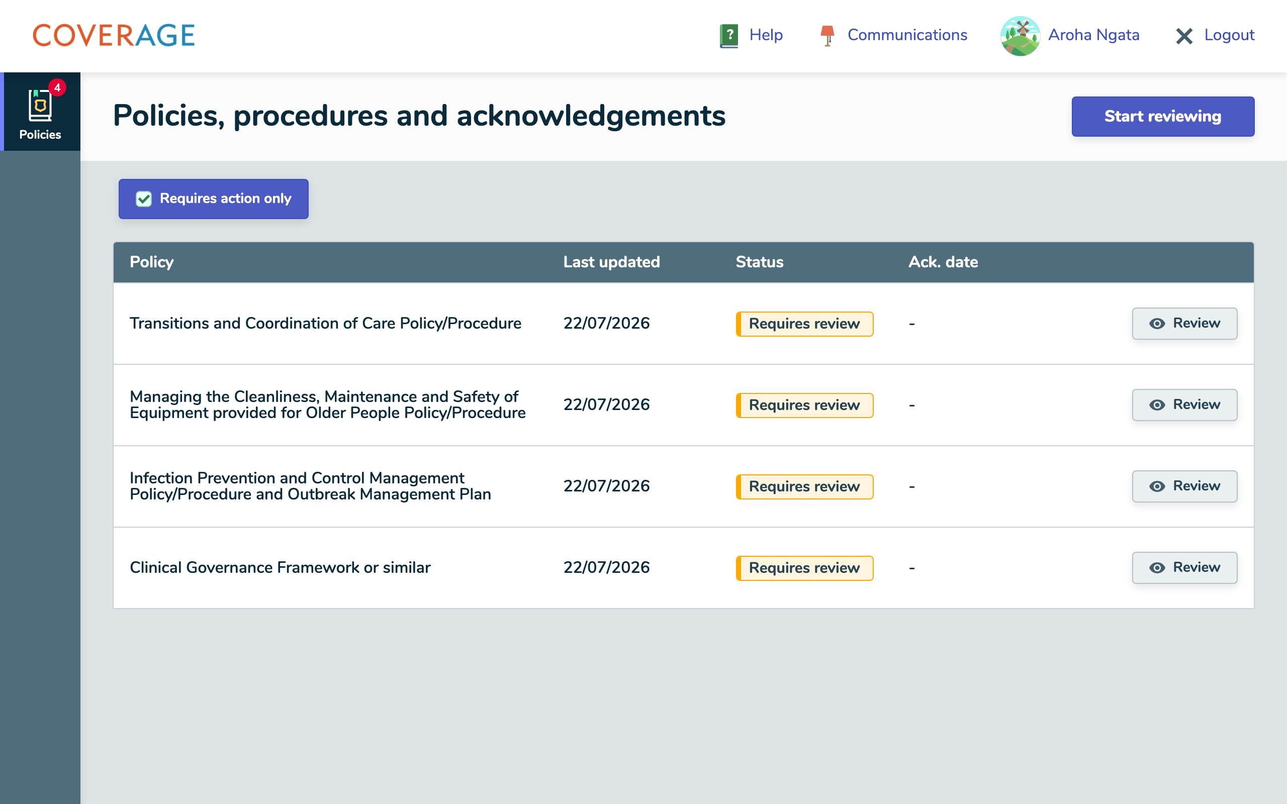 Your outstanding policies, with the Requires action only filter on.