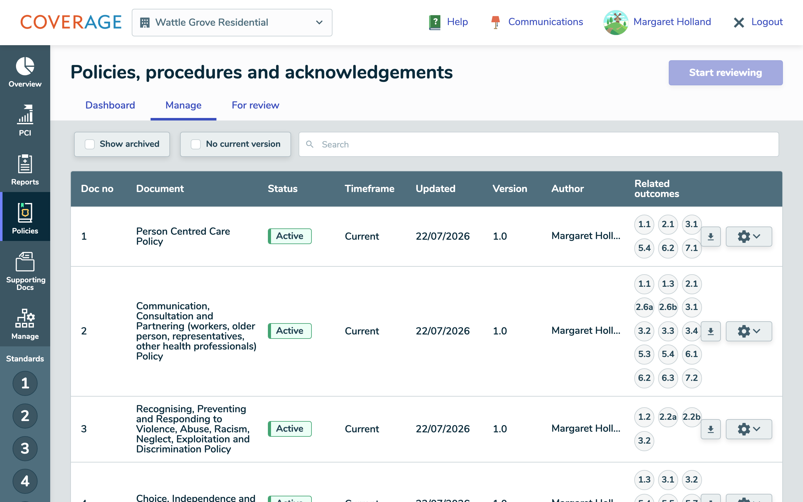 The Manage tab, listing each policy with its status and version.