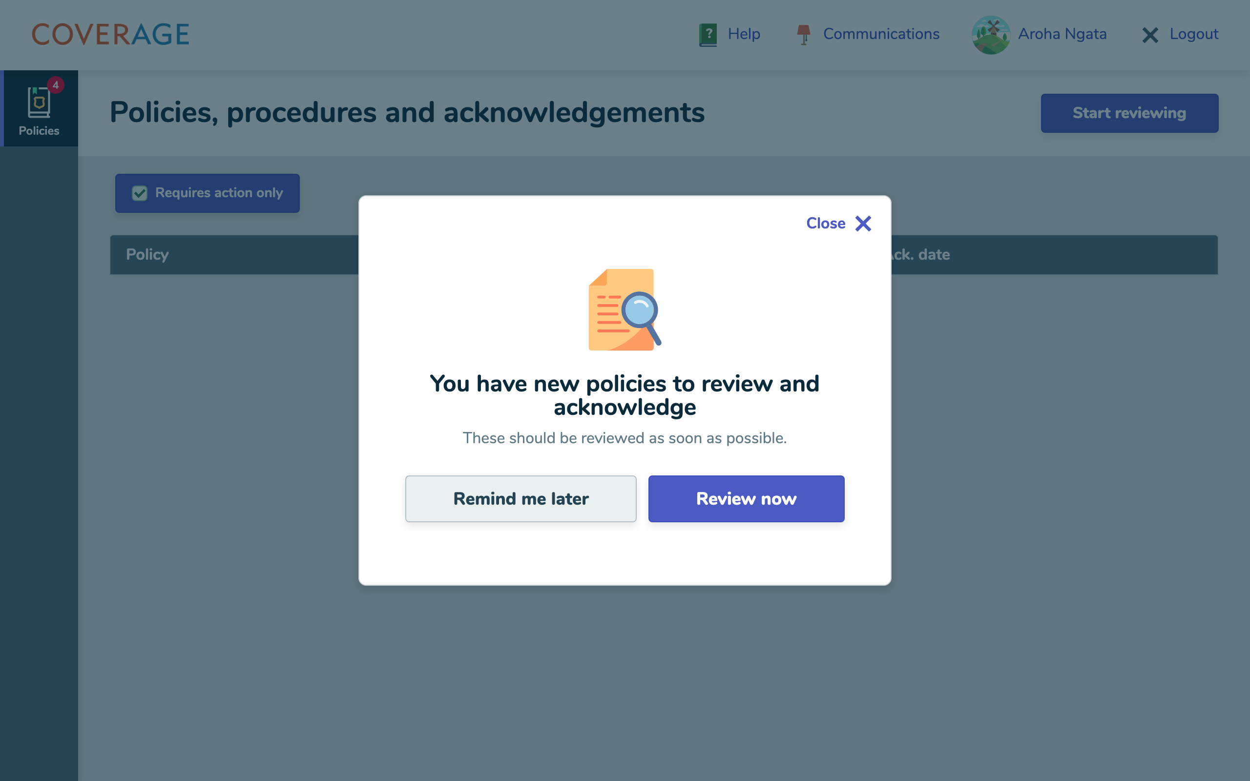 The login reminder when you have policies to review.