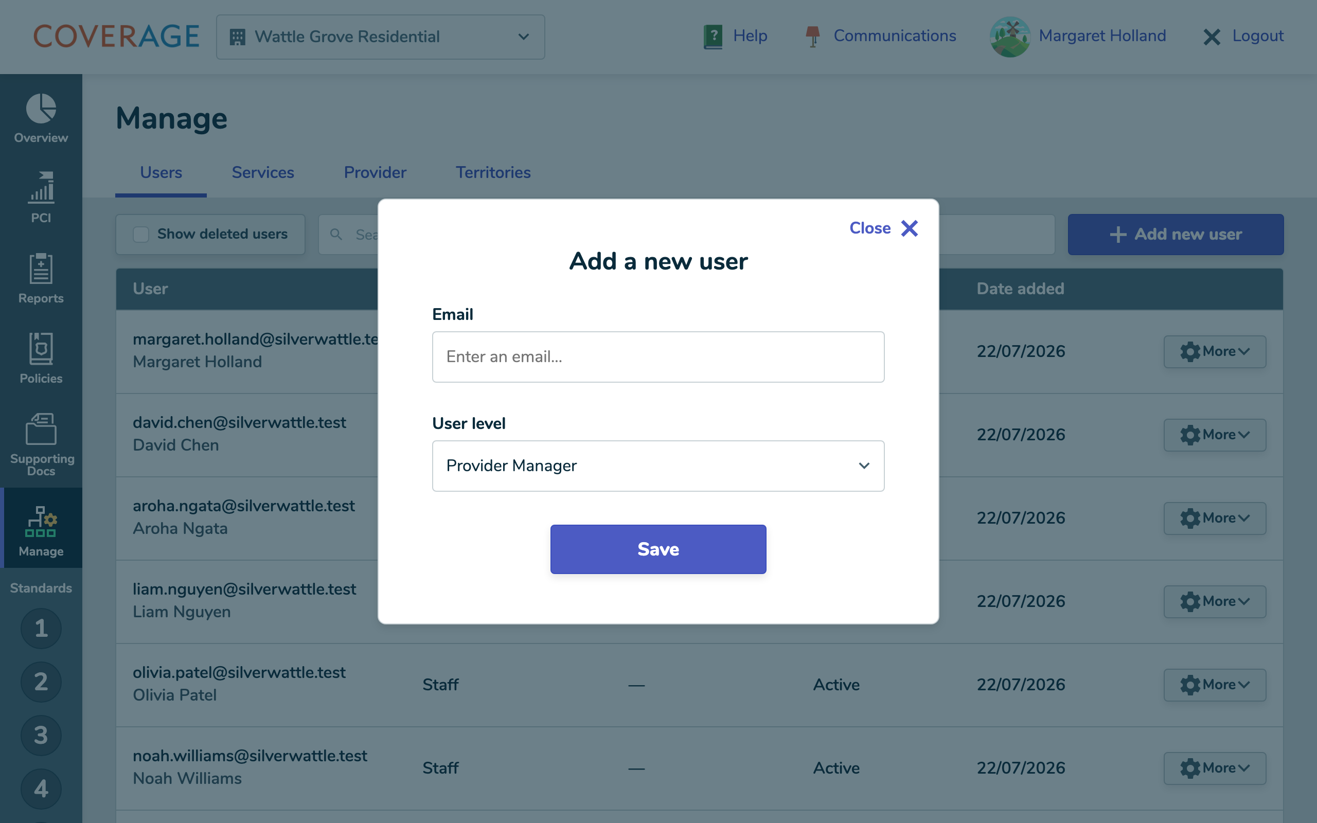 Adding a user with User level set to Provider Manager.