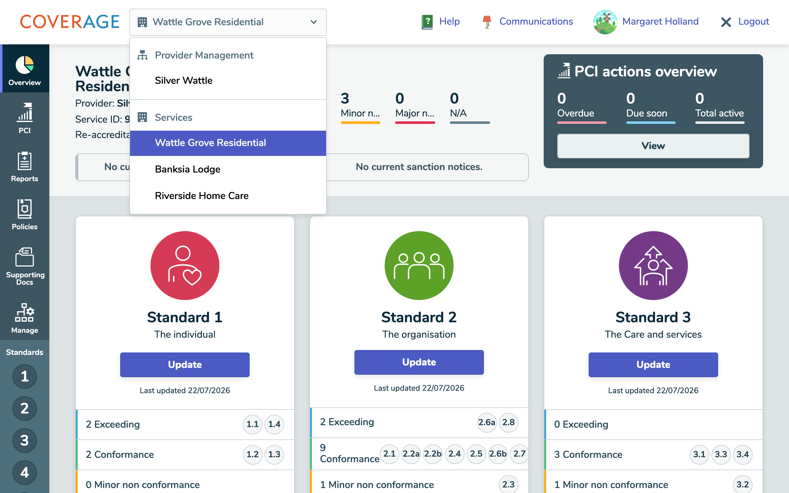A Provider Manager's view selector, with a Provider Management view above every service.