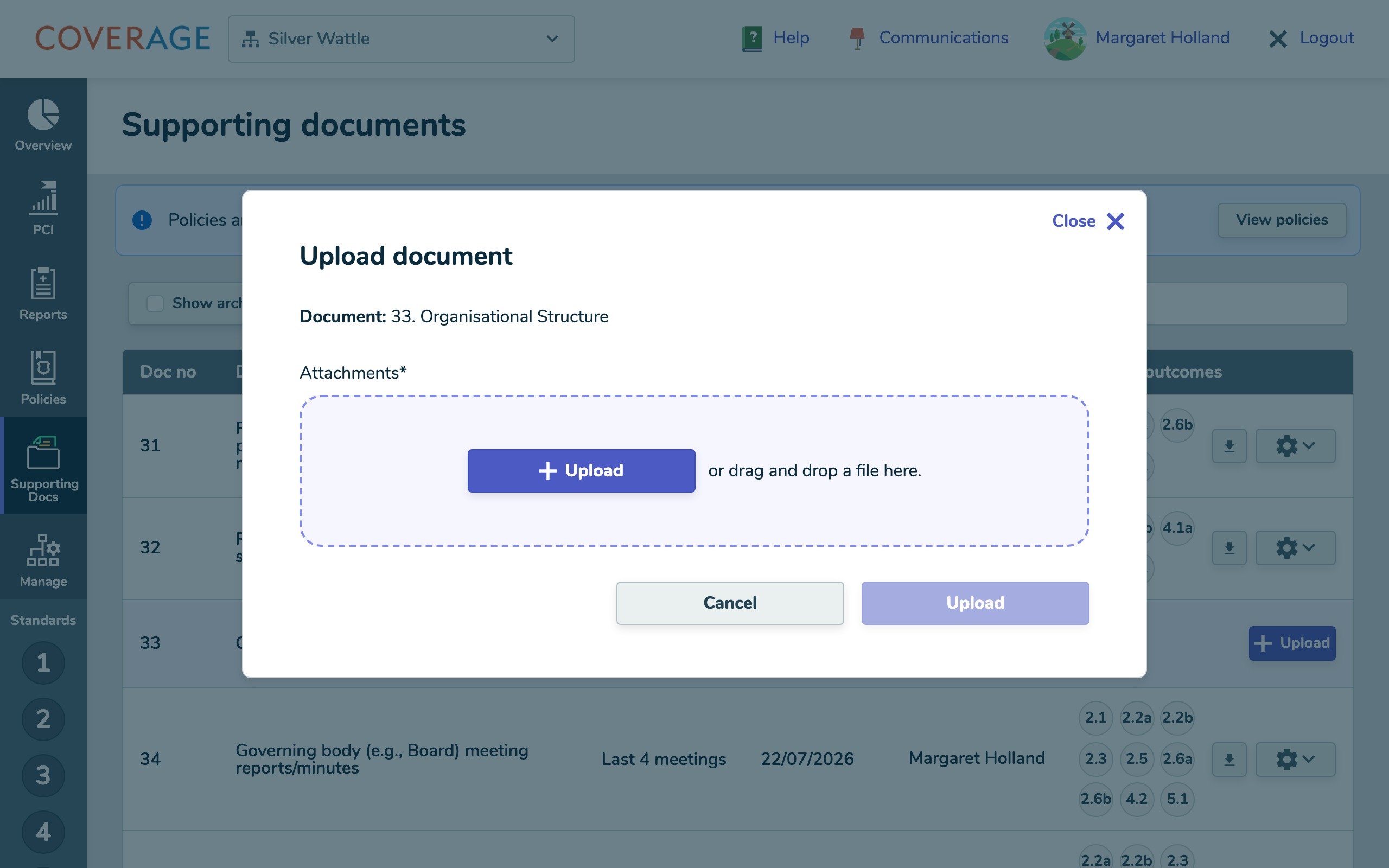 The Upload document panel, with the relevant-pages options.